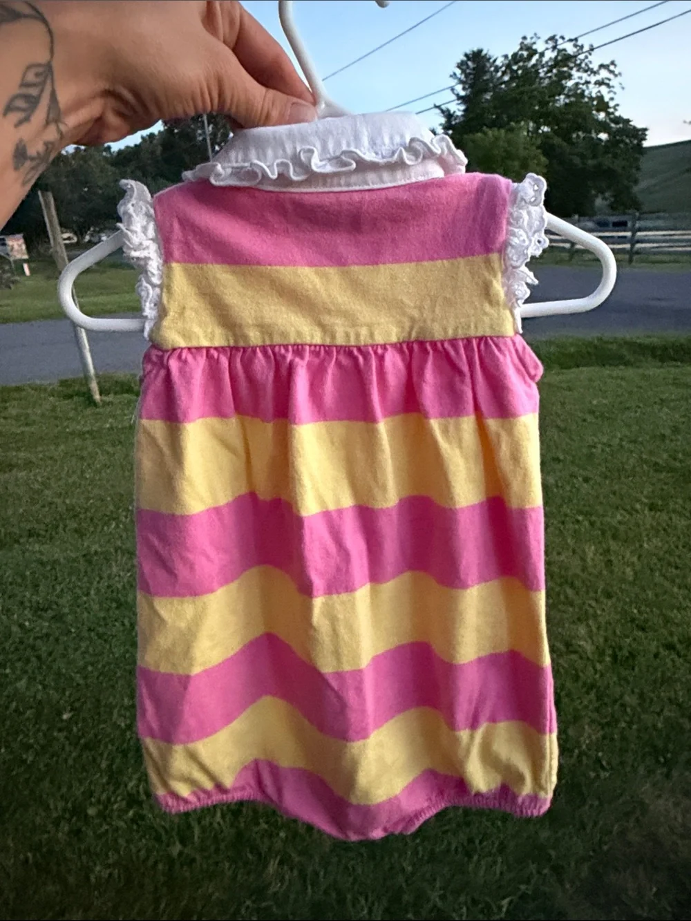 Ralph Lauren Pink and Yellow Striped Baby Romper with Lace Collar
